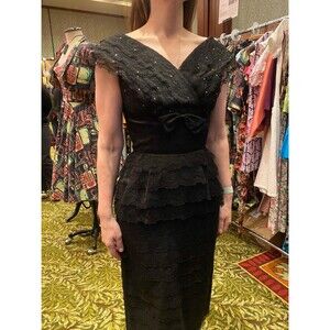 1950s Black Lace Cocktail Dress: Rhinestone Bust, Satin Bow